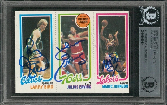1980-81 Topps Larry Bird, Julius Erving and Magic Johnson Rookie Card – Signed by All Three Hall of Famers (Beckett)